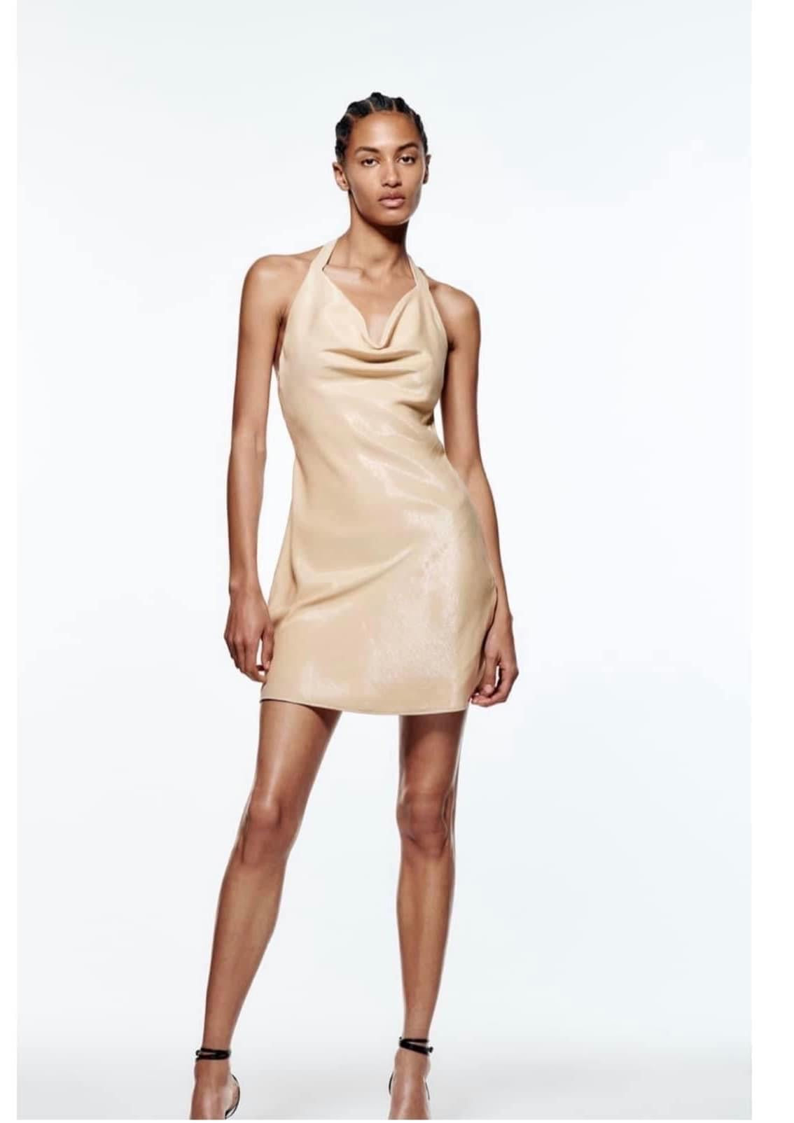 ZARA champagne satin halter dress