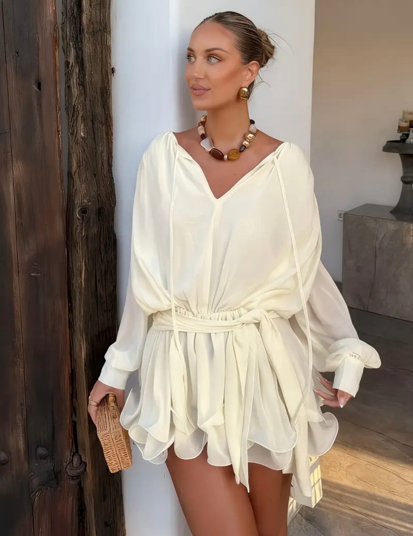 UNBRANDED tie waist shirt dress cream